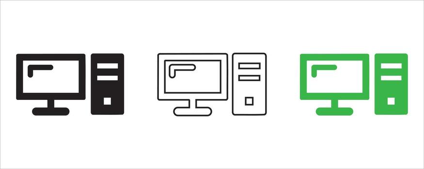 Three stylized icons representing a computer monitor and tower in black outline and green vector