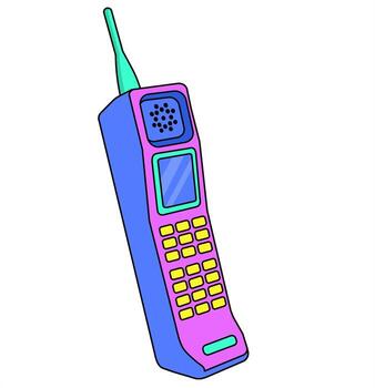An old mobile phone from the 90s, 80s. Bright push-button phone in retro wave style. Nostalgia. Retro cellular phone illustration. Modern flat cartoon style. vector