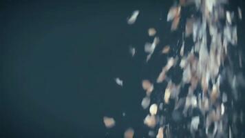 astratto scintillante d'oro polvere particelle caduta su un' buio sfondo con dinamico movimento sfocatura video