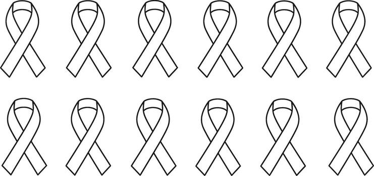 Collection of awareness ribbons, symbolizing support and solidarity for various causes in a simple line art style vector