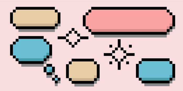 Pixel art speech and thought bubbles in soft pastel tones. Retro 8 bit talking boxes and dialogue frames for game UI, mobile app graphics or social media illustration background. vector