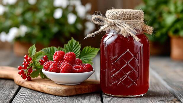 Raspberry jam with berries. A jar of raspberry jam sits next to fresh berries on a wooden board surrounded by greenery. photo
