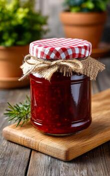 Raspberry jam jar on table. A jar of homemade raspberry jam sits on a wooden cutting board, decorated with a checkered lid and twine. photo