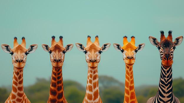 Giraffes and zebra in nature. Group of giraffes and one zebra stand closely together in a lush green setting, showcasing their distinctive patterns. photo