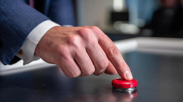 Pressing red button at meeting. A suited professional presses a bright red button during a key business meeting in a modern office. photo