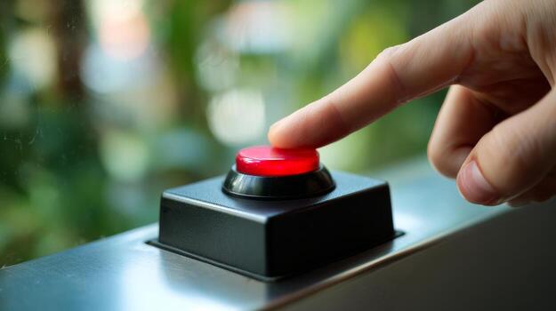 Finger poised over a bright red button. A hand with a finger is about to press a large red button in a colorful environment filled with greenery. photo