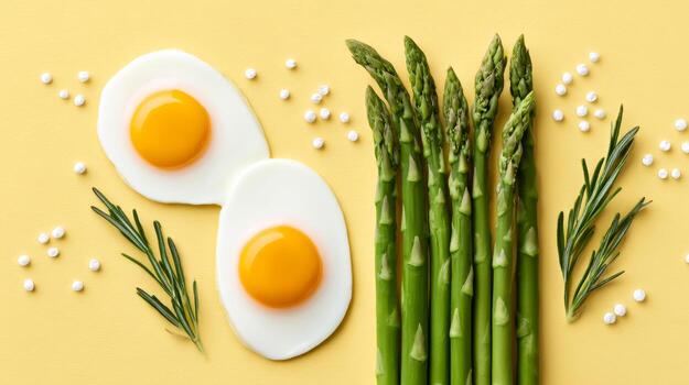 Eggs and asparagus platter. Sliced eggs and fresh asparagus are artistically arranged on a yellow background, creating a vibrant culinary display. photo