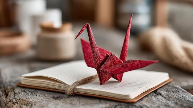 Red origami crane on open notebook. A red origami crane rests elegantly on an open notebook on a rustic wooden table surrounded by craft materials. photo
