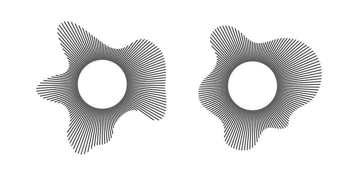 Equalizer logo, radial spectrum. Voice symbols. Depicting audio music icons. Circular waves. Sound circle lines. Radial frame set. Sound rings. Wavy frame patterns. Radial rays. Wavy design elements. vector