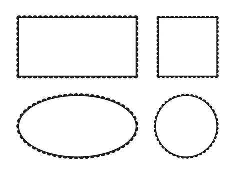 Scalloped frame icons. Scalloped edge square, rectangle, ellipse, circle shapes. Label forms mockups. Set of silhouette lace frame samples. Abstract elements patterns for tag, stickers, banner, badge. vector