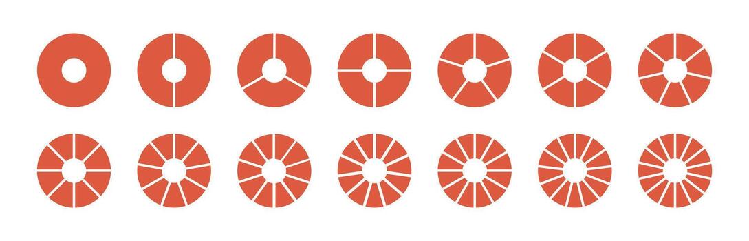 Circle division on 1, 2, 3, 4, 5, 6, 7, 8, 9, 10, 11, 12, 13, 14 equal parts. Wheel life round divided diagrams with segments. Blank infographic progress icons. Coaching tool. Segmented pinwheel red. vector