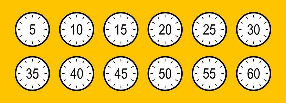 Countdown timer second, minutes. Clock symbols, stopwatch signs. Cooking time flat icons. From five to sixty minutes interval. 5, 10, 15, 20, 25, 30, 35, 40, 45, 50, 55, 60 second dial. Time interval. vector
