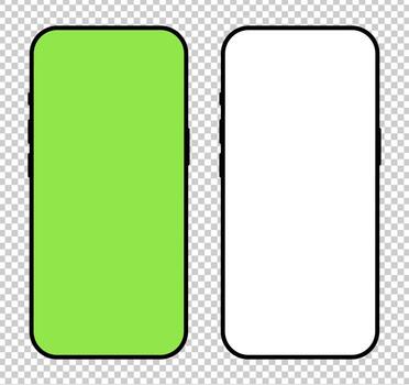 Smartphone frames. Modern gadget flat symbol. Device front view. Signs for website design, ui, mobile app. Blank smart phone green screen, white screen templates. Mobile phone simple black icons. vector
