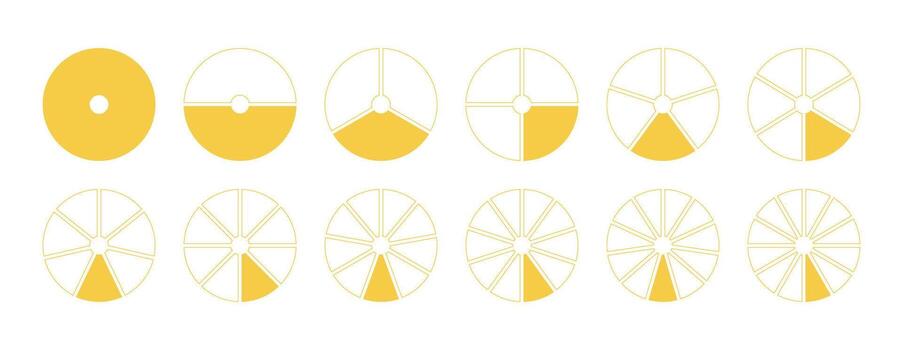 círculos dividido diagramas en desde 1 a 12 igual partes. segmentos rueda redondo dividir infografía. entrenamiento blanco modelo. grafico tarta, Pizza forma sección cartas sencillo amarillo iconos vector