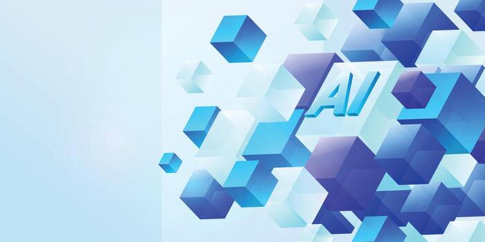 Abstract background 3D cubes and AI lettering, representing artificial intelligence, blockchain technology, data processing, and futuristic digital innovation concepts. vector