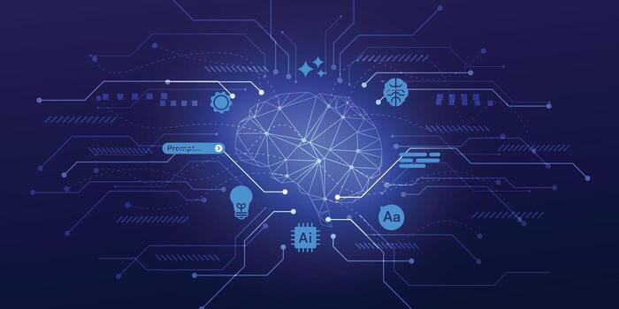 Agentic AI concept with a futuristic glowing brain and prompt interface. illustration of autonomous agent technology and neural networks. vector