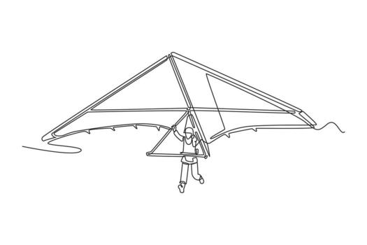 Single one line drawing woman is hang gliding, steering the glider with both hands in a front-facing view. Dynamic freedom of the extreme sport. Continuous line draw design graphic illustration vector