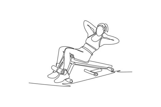 continuo uno línea dibujo mujer ejecutando un abdominales o crujido en abdominal disminución banco, ilustrando enfocado núcleo fuerza y intenso capacitación. soltero línea dibujar diseño gráfico ilustración vector