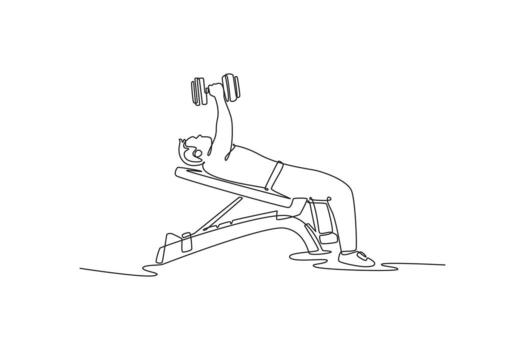 Single one line drawing young man is performing a dumbbell press on an incline bench, illustrating strength, focus, and intense chest training. Continuous line draw design graphic illustration vector