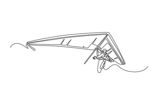 Single one line drawing bravery man is hang gliding, soaring with arms extended, smooth glide, dynamic motion, freedom of extreme sport. Modern continuous line draw design graphic illustration vector