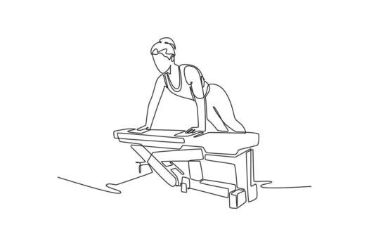 continuo uno línea dibujo mujer es ejecutando un modificado tablón o inclinación hacer subir utilizando un peso banco, ilustrando enfocado Superior cuerpo fortaleza. soltero línea dibujar diseño gráfico ilustración vector