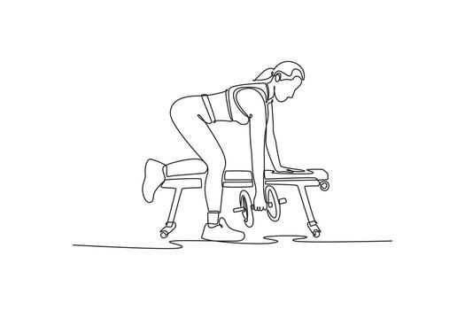 Single continuous line drawing woman is performing a dumbbell row using a weight bench. Back muscle strengthening and focused fitness training. Dynamic one line draw graphic design illustration vector