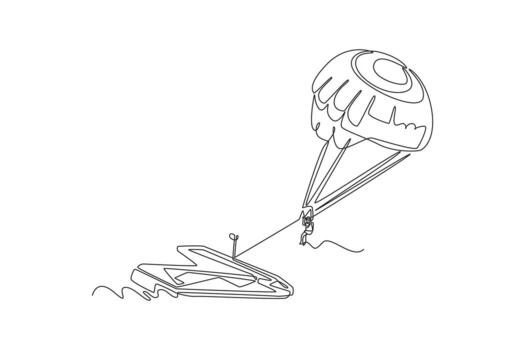soltero continuo línea dibujo persona es parasailing alto terminado agua, remolcado por barco con completamente inflado paracaídas, emoción y aerotransportado libertad. dinámica uno línea dibujar gráfico diseño ilustración vector