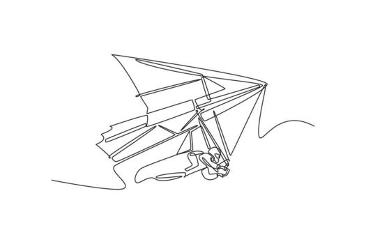 soltero uno línea dibujo valentía aventuras hombre es colgar deslizándose, altísimo en el suave planeo, dinámica vuelo, y libertad de extremo deporte. moderno continuo línea dibujar diseño gráfico ilustración vector