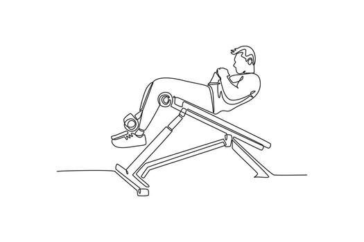 Continuous one line drawing young active man is performing sit-up or crunch on abdominal decline bench, focused core strength and intense training. Single line draw design graphic illustration vector