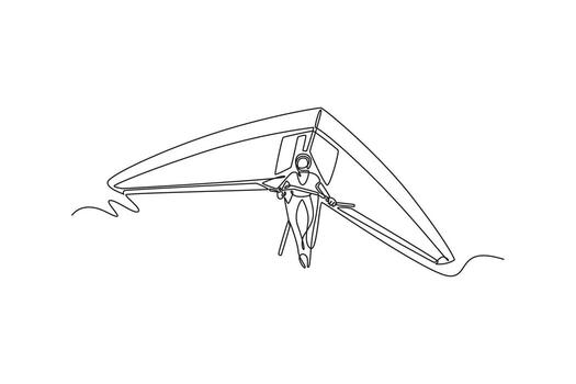 Single continuous line drawing man is hang gliding, gripping control bar firmly while soaring airborne, fluid motion, dynamic freedom of extreme sport. One line draw graphic design illustration vector