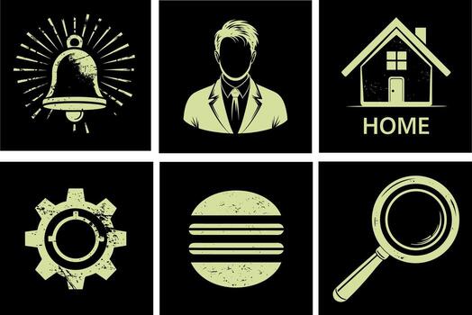 Digital Interface Icon Set With Business, Home, Search, Settings, Notification And Menu Symbols On Black Background, Modern UI Elements For App Design vector