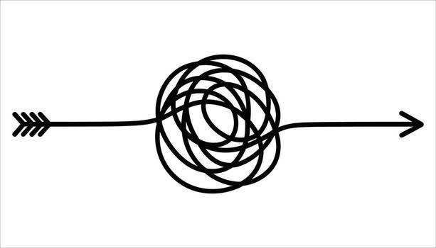 Black arrow passing through a tangled mess of black lines on a white background messy vector