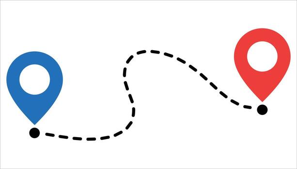 azul y rojo mapa alfiler marcadores conectado por un rayado negro línea en un blanco antecedentes ubicación marcador destino vector