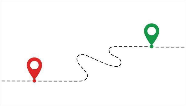 Red and green map pin markers connected by a dashed line path on a white background location marker destination vector