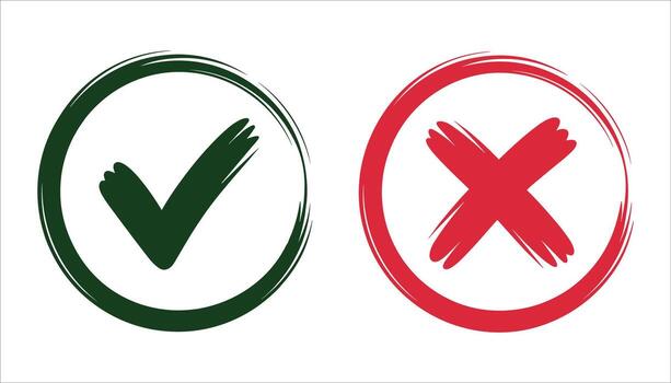 Green checkmark in circle and red cross in circle on white check mark x mark vector