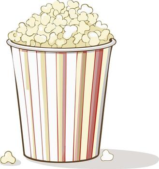 Full Popcorn Bucket in Striped Container with Scattered Kernels vector