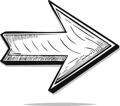 mano dibujado Derecha señalando flecha garabatear estilo negro y blanco gráfico elemento dirección navegación símbolo vector