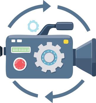 Cartoon of a camera with gears and arrows symbolizing processing and concept vector