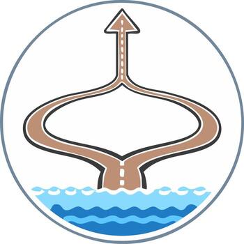 Abstract graphic of a road splitting and rejoining above water, pointing to an upward direction vector