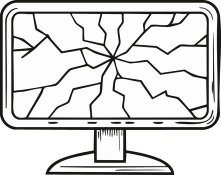 Cracked computer monitor screen illustration, broken display damage in black and white vector