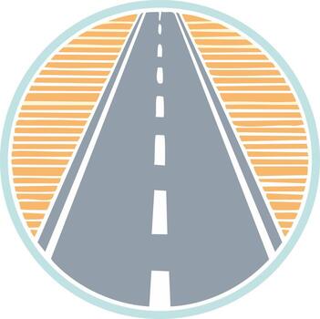 perspectiva ver de un abierto la carretera con rayado líneas y texturizado espalda dentro un circular borde, simbolizando viaje vector