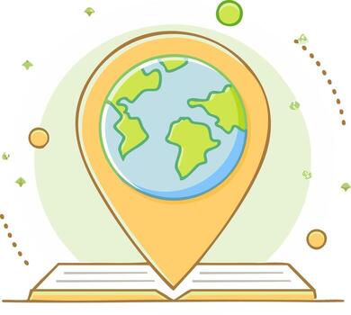 World map pin with globe on open book representing global education and travel vector