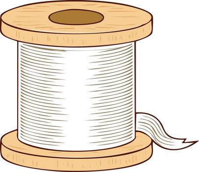 Detailed Cartoon Illustration of a White Thread Spool on a Wooden Bobbin for Sewing and Crafting vector
