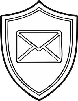 Security shield icon with email envelope, online safety, data protection concept, simple black and white drawing vector