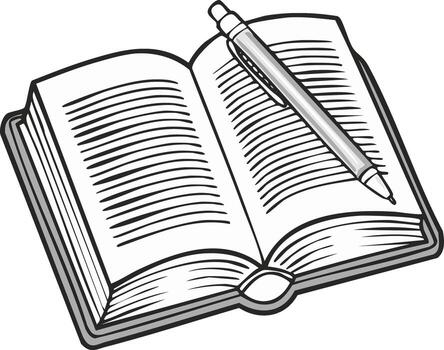 Simple line art illustration of an open book with a pen for writing or studying vector