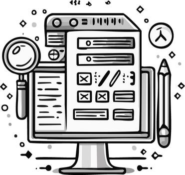 en línea formar o encuesta en computadora pantalla con aumentador vaso y lápiz datos análisis mano dibujado vector