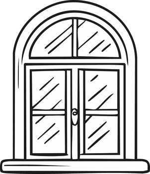 Black and white line art illustration of an arched window frame with multiple panes and a sill vector