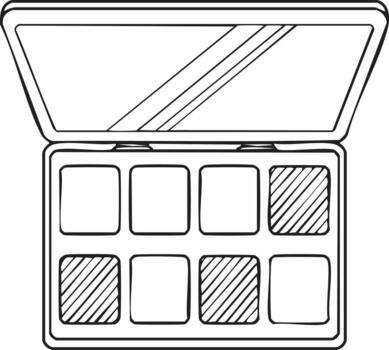 Opened eye shadow palette line art sketch, highlighting contour and highlighting shapes for makeup application in monochrome style vector