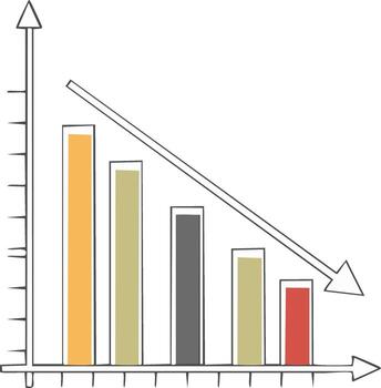 Decreasing bar chart diagram with down arrow showing negative growth vector