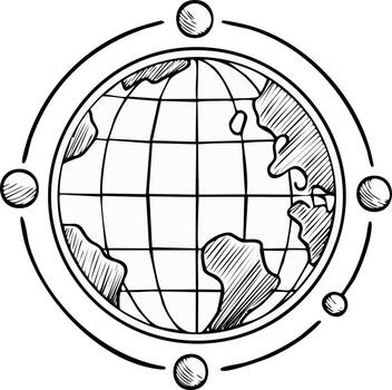 Hand Drawn Doodle of Earth Globe with Orbiting Network and Connections vector